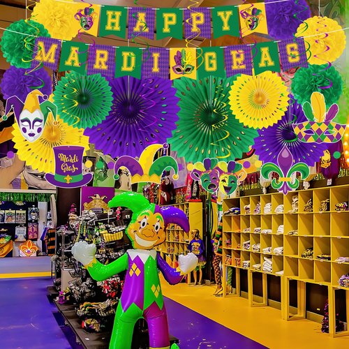 Heartome 25PCS Mardi Gras Decorations, Mardi Gras Party Favors Decor Kit with Paper POMPOM, Happy Carnival Paper Fans Banner Felt Garland, Crown Hanging Swirls for Carnival Party Parade Accessories