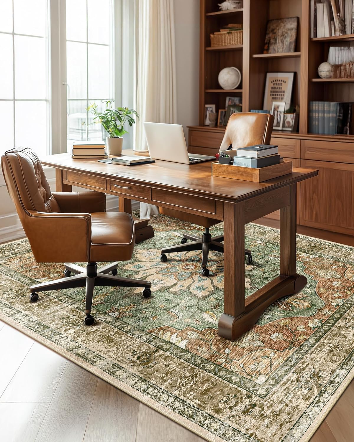 Releany Area Rugs - 5'x7' Washable Non-Slip Floral Vintage Medallion Carpet | Brick Red & Rust