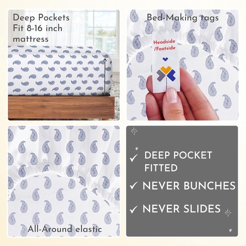 California Design Den Full Size Bed Sheets Set - 400 Thread Count Sateen, Deep Pocket, 100% Cotton - Paisley Blue