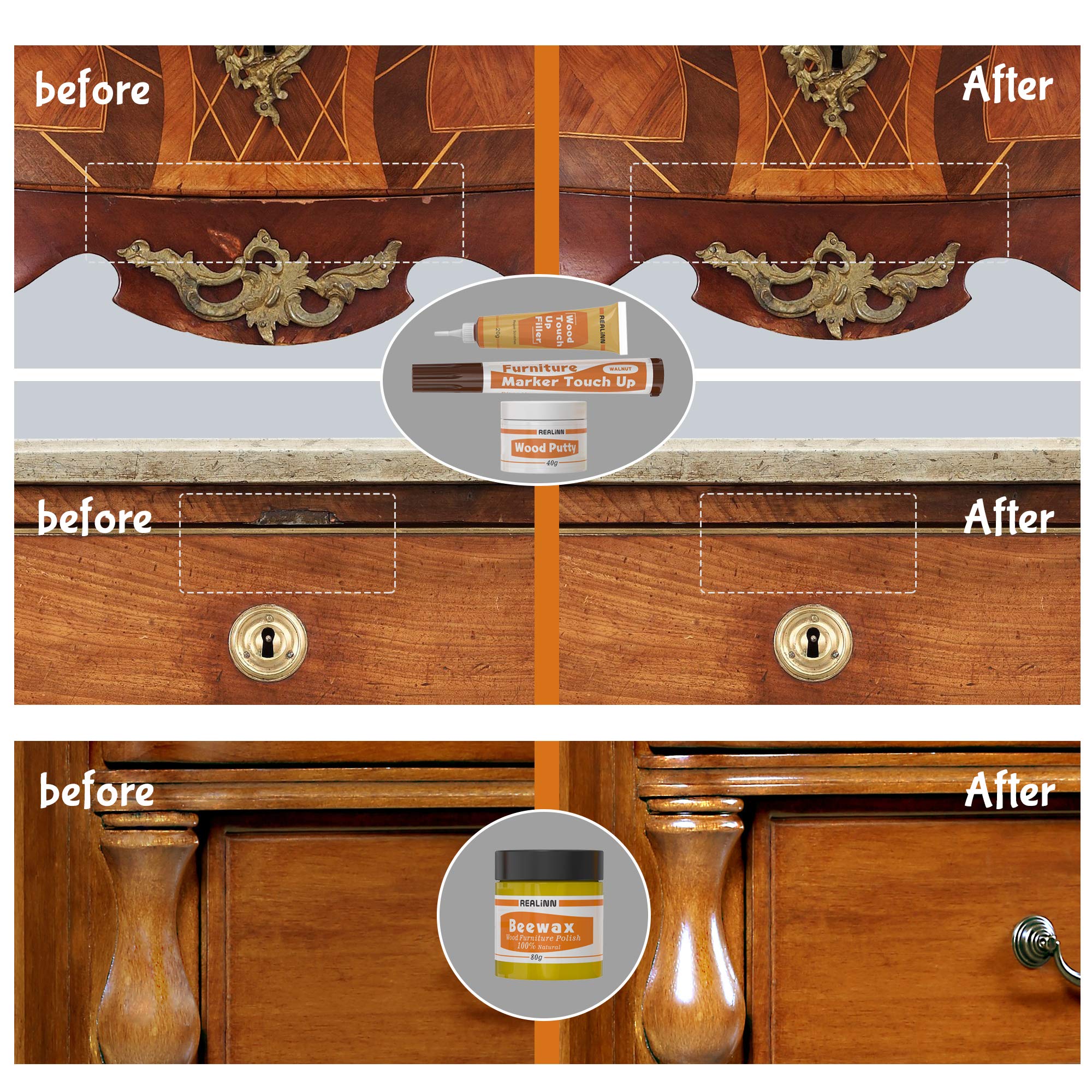 REALINN Wood Furniture Repair Kit- Set of 28 - Touch Up Markers, Fillers with Wood Putty - Repair Scratch, Cracks, Hole, Discoloration for Wooden Door, Floor, Table, Cabinet