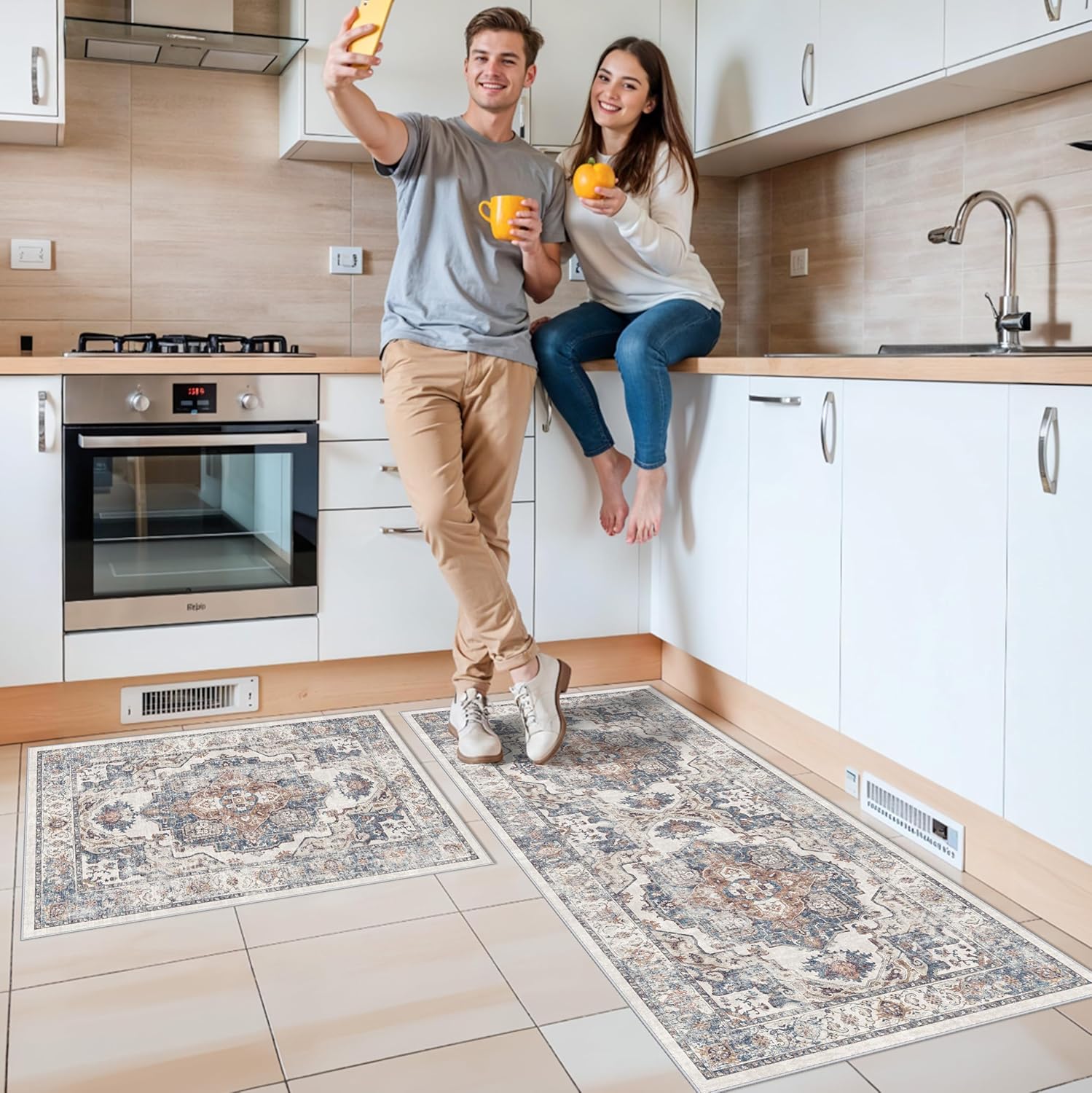 Skiennix Kitchen Runner Rug Set - Washable Non-Slip Mats for Sink & Stove | Soft Low Pile, Water-Resistant (2x3 + 2x4, Brick)
