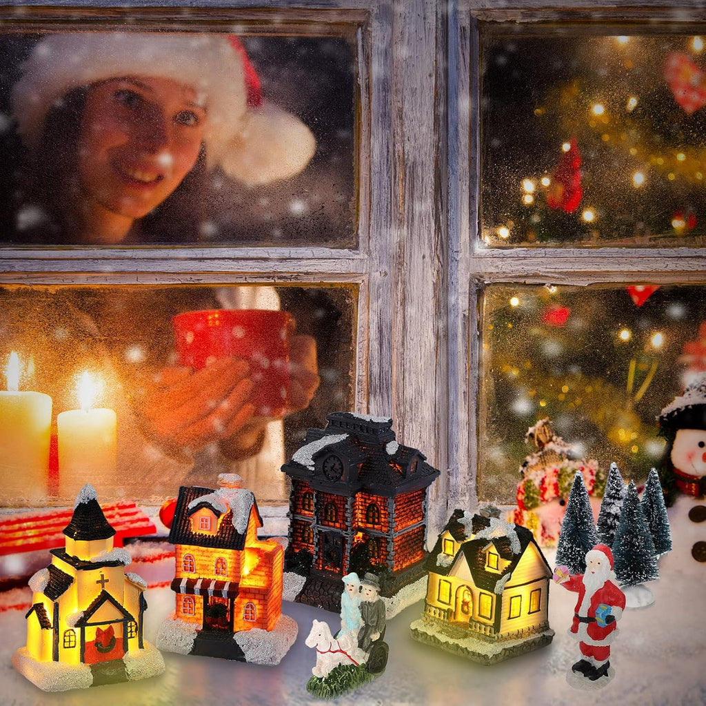 Queekay Christmas Village Set - 17 Pcs Lighted Resin Houses & Figurines | Winter Decorations for Indoor Use
