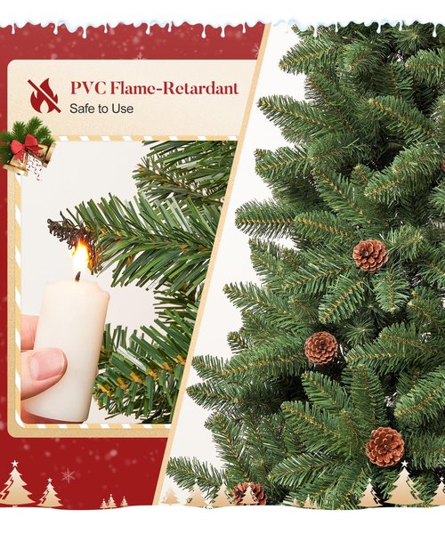 Decoway 6FT Artificial Christmas Tree: Unlit Green Xmas Pine with Pinecones and Metal Stand for Indoor - Holiday Decoration for Porch Living Room Easy Assembly