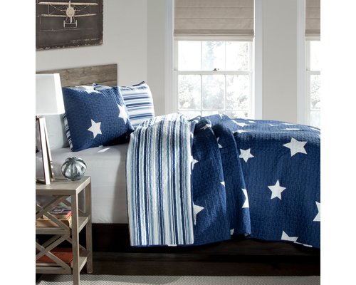Lush Decor Star Quilt - Reversible 2 Piece Pattern Striped Bedding Set with Pillow Sham - Twin - Navy