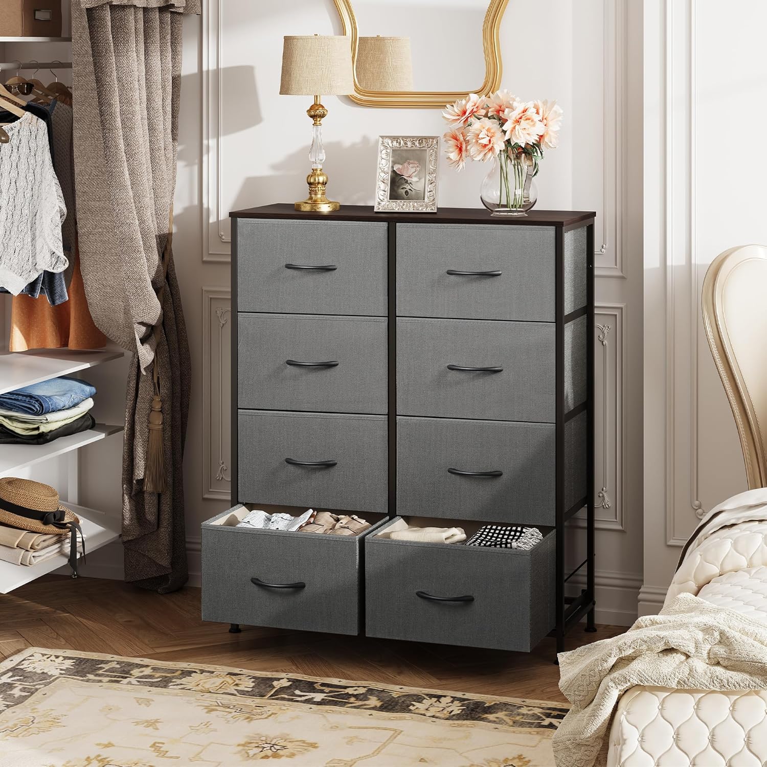 WLIVE Fabric Dresser - Tall 8-Drawer Storage Tower with Fabric Bins | Dark Gray for Bedroom & Living Room