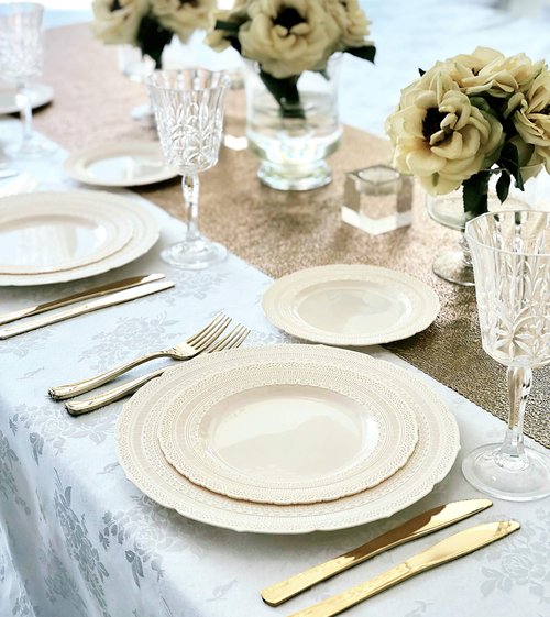 OCCASIONS 80 Ivory Wedding Plates (40 Guests), China-Look Chateau Design, Heavy Duty 40x11" Dinner + 40x8.25" Salad, Disposable Reusable for Bridal Shower Reception (Chateau Ivory)