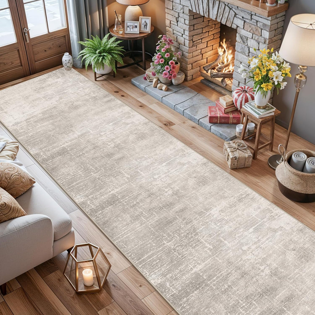 **Regine Switzerland Washable Runner Rug - Stain Resistant Abstract Design | 2'6"x14" Beige/Cream Soft Indoor Mat**