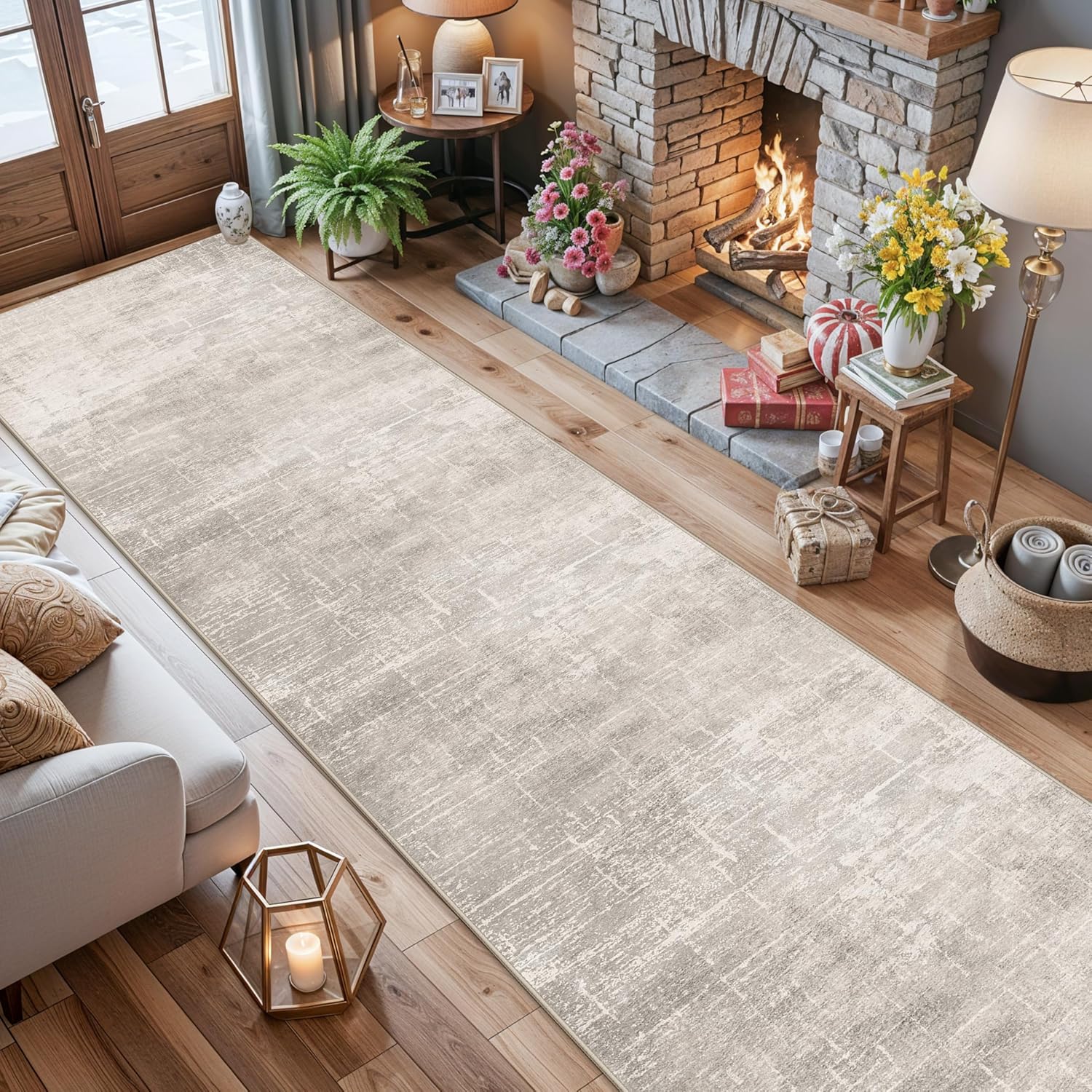 **Regine Switzerland Washable Runner Rug - Stain Resistant Abstract Design | 2'6"x14" Beige/Cream Soft Indoor Mat**