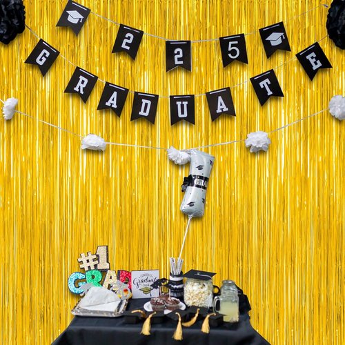 Gold Backdrop Curtains by Class of 2026 - 12 Pack Metallic Fringe Streamers | 3.28 FT x 7.05 FT Graduation Decorations