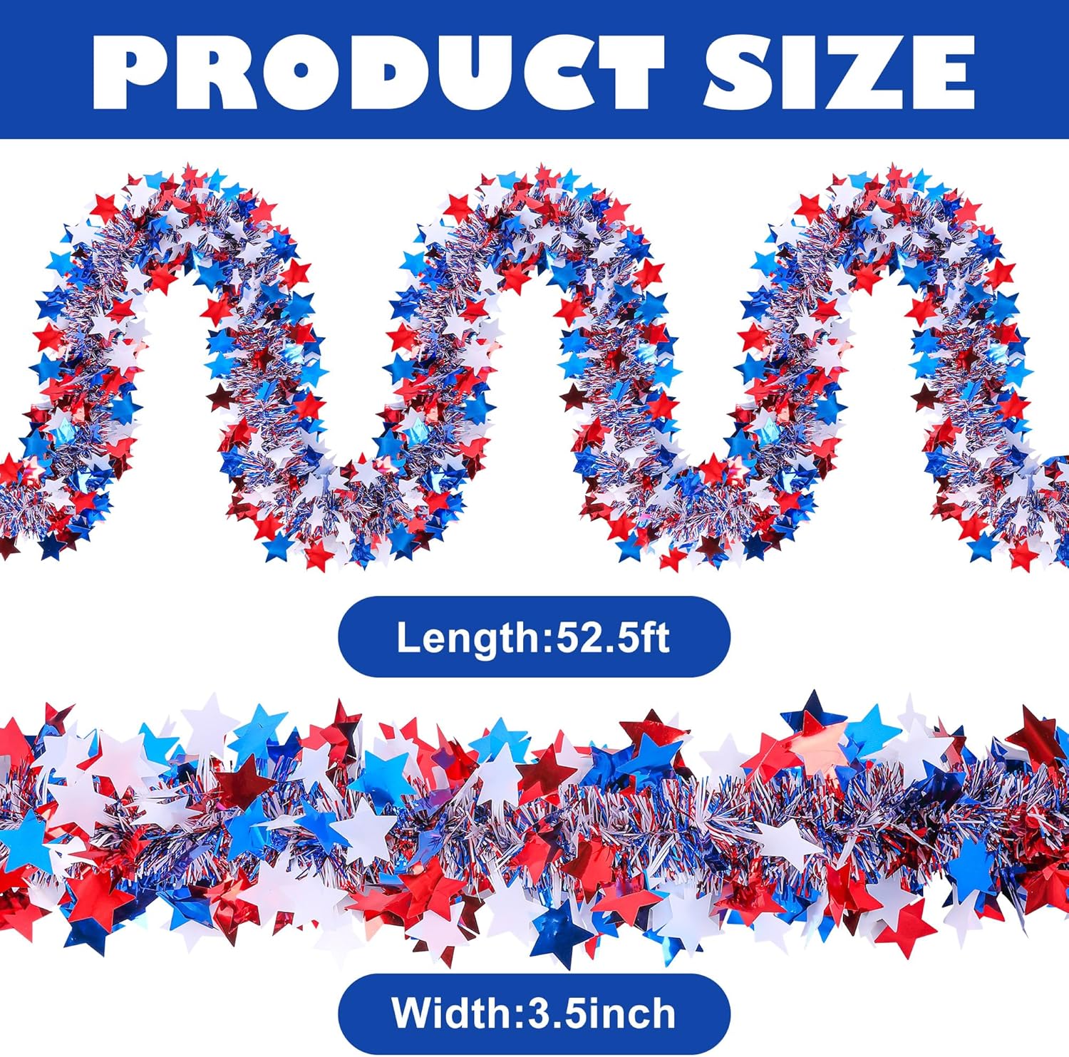 Regine Switzerland Patriotic Glitter Tinsel Garland - 52.5Ft Red, White & Blue Metallic Decor for 4th of July Celebrations