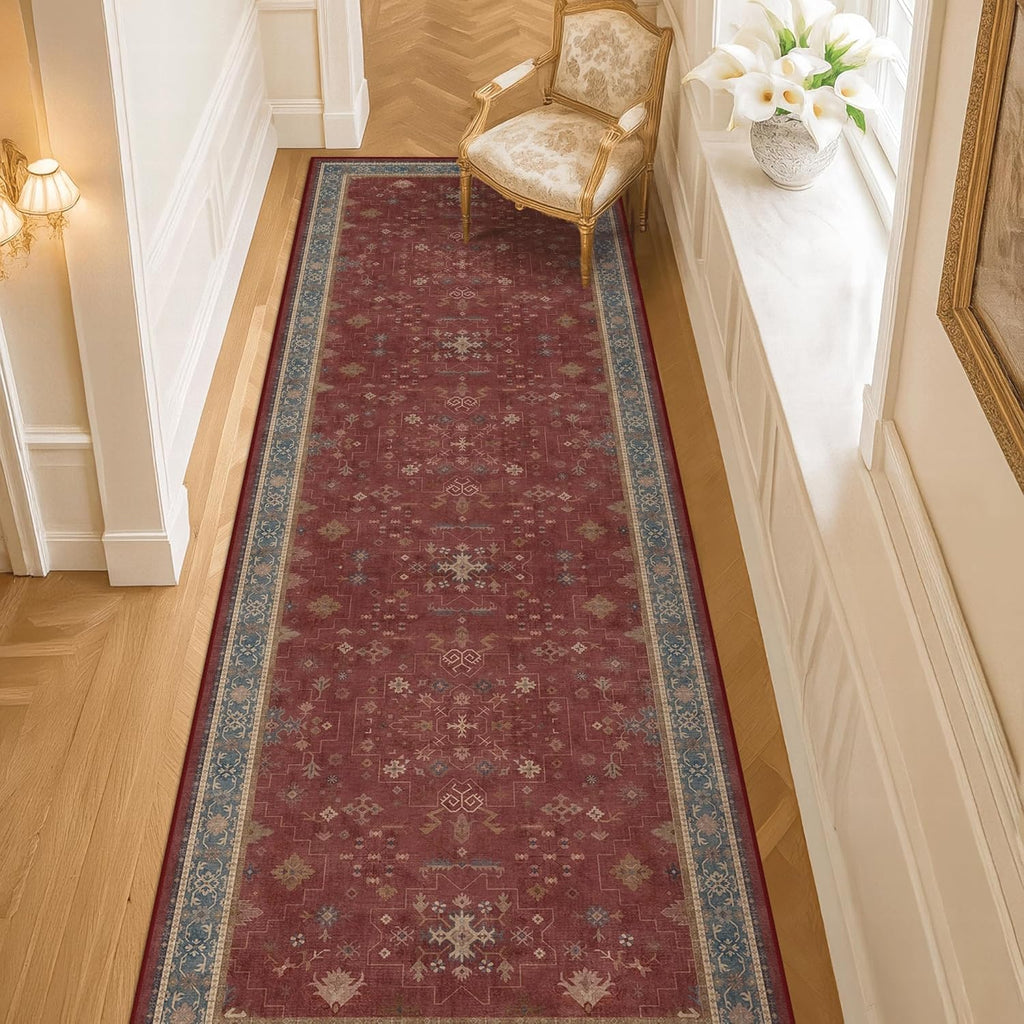 Red 2x8 Long Hallway Runner Rug - Boho Washable Indoor Mat | Non-Skid Vintage Geometric Floral Design