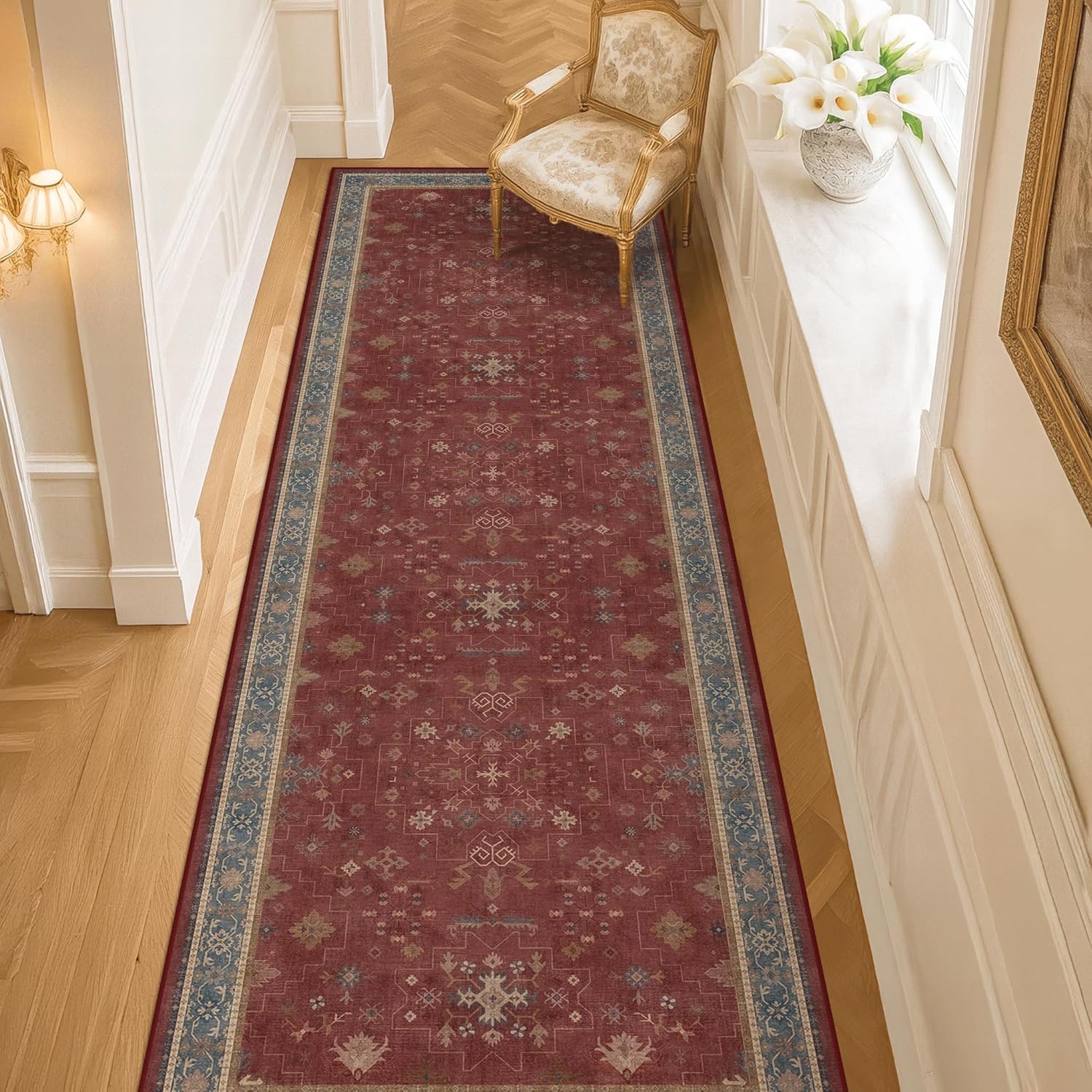Red 2x8 Long Hallway Runner Rug - Boho Washable Indoor Mat | Non-Skid Vintage Geometric Floral Design