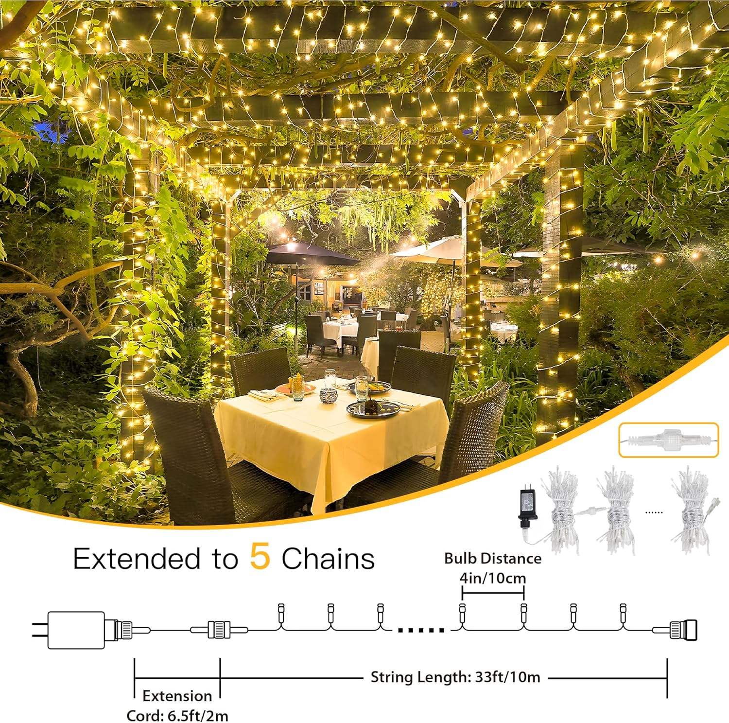 Skiennix 33FT 100 LED Fairy String Lights - Waterproof Indoor/Outdoor Decor | 8 Modes, Warm White