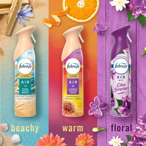 Febreze Air Mist | Odor-Fighting Room Spray Variety Pack - Lilac Sunrise, Warm Ocean Breeze, Summer Golden Hour | 8.1oz (Pack of 3)