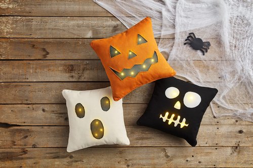 Mud Pie Light Up Halloween Throw Pillow, Pumpkin, 16" x 16"