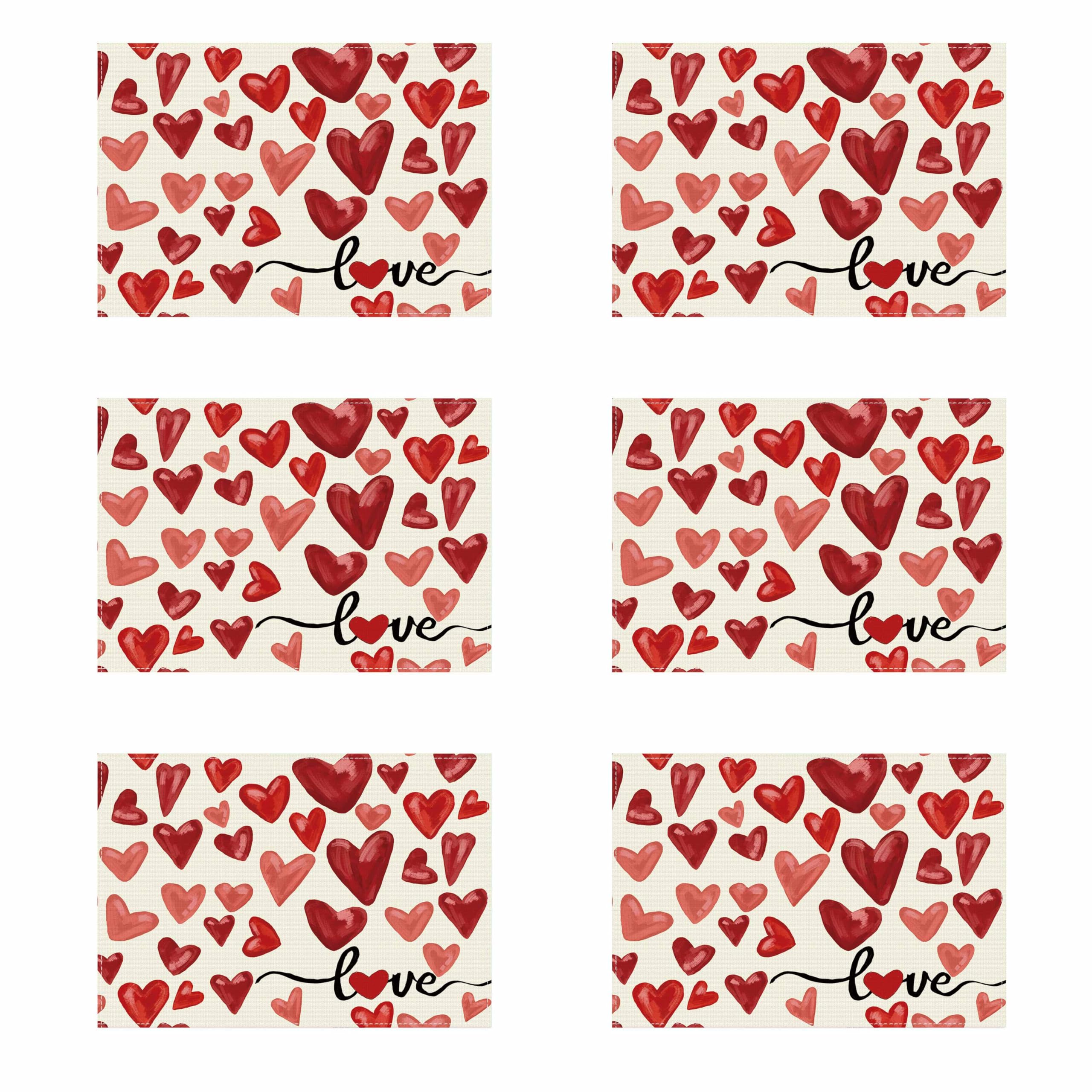 XCHI Watercolor Red Love Hearts Valentine’s Day Placemats Set of 6 Table Mats for Party Home Kitchen Dining Table Decorations 12x18 Inch