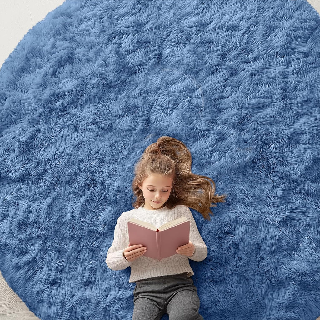 OLANLY Blue Round Area Rug - Soft, Fluffy, Machine Washable 8 ft Circle Carpet for Bedroom & Living Room