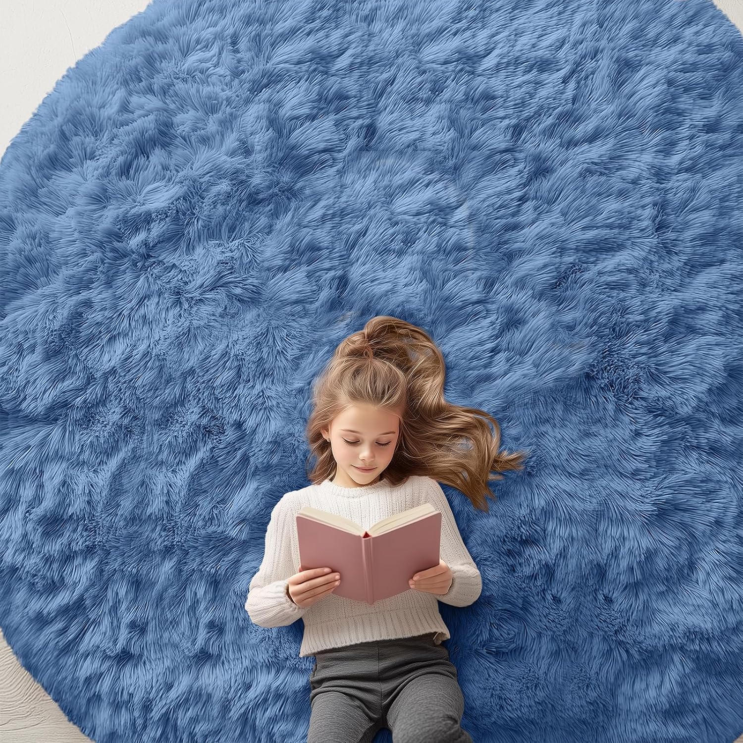 OLANLY Blue Round Area Rug - Soft, Fluffy, Machine Washable 8 ft Circle Carpet for Bedroom & Living Room