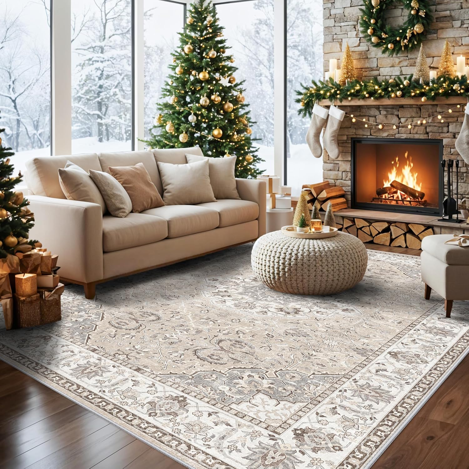 Skiennix 8ft Square Area Rug - Machine Washable Vintage Soft Carpet | Stain Resistant, Non-Slip, Beige
