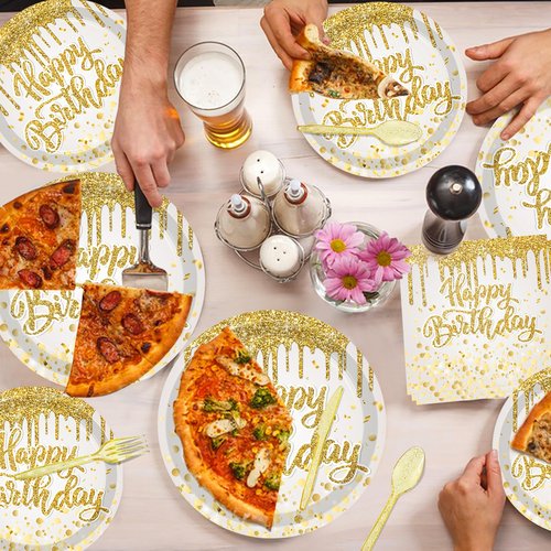 140Pcs Golden Happy Birthday Party Decorations White Gold Paper Plates Napkins Cups Tableware Set Women Men Birthday Themed Party Decor for 20 Guests