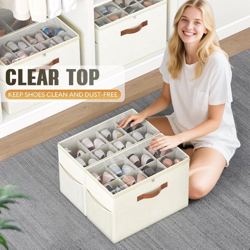 Budding Joy Shoe Organizer - Clear Foldable Storage Containers with Adjustable Dividers | Fits 16 Pairs, Beige