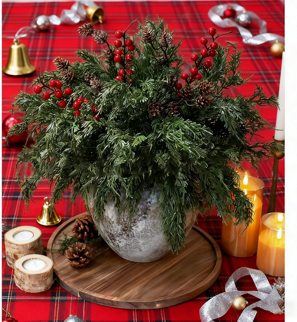 Norfolk Pine Faux Cedar Stems - Realistic Artificial Greenery for Christmas Decor | 1 Set with Berries & Pinecones