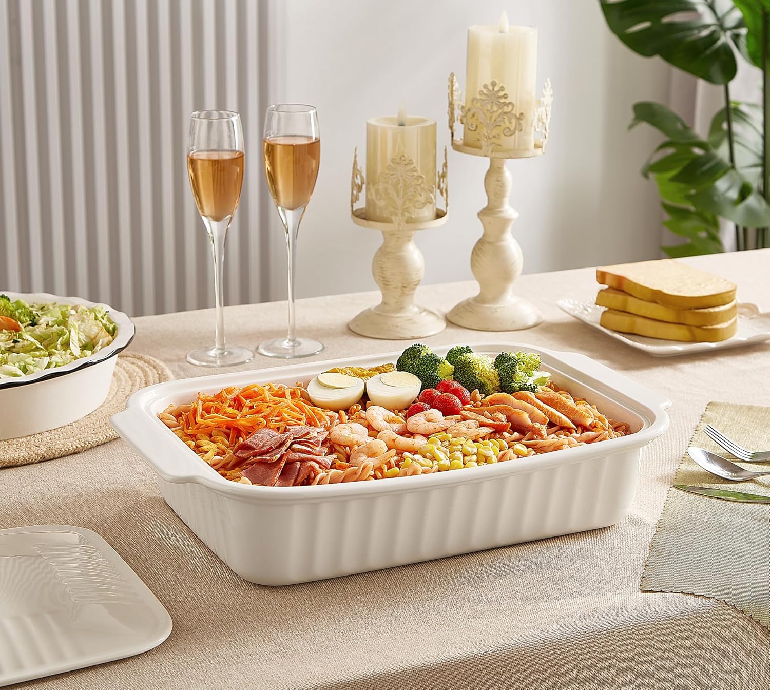 Skiennix Large Baking Dish - 5.5 Quart Ceramic Lasagna Pan with Lid | Microwave & Dishwasher Safe, White