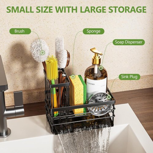 Cisily Sink Caddy - Rustproof Sponge Holder with Brush Storage & Self-Draining Tray | Black
