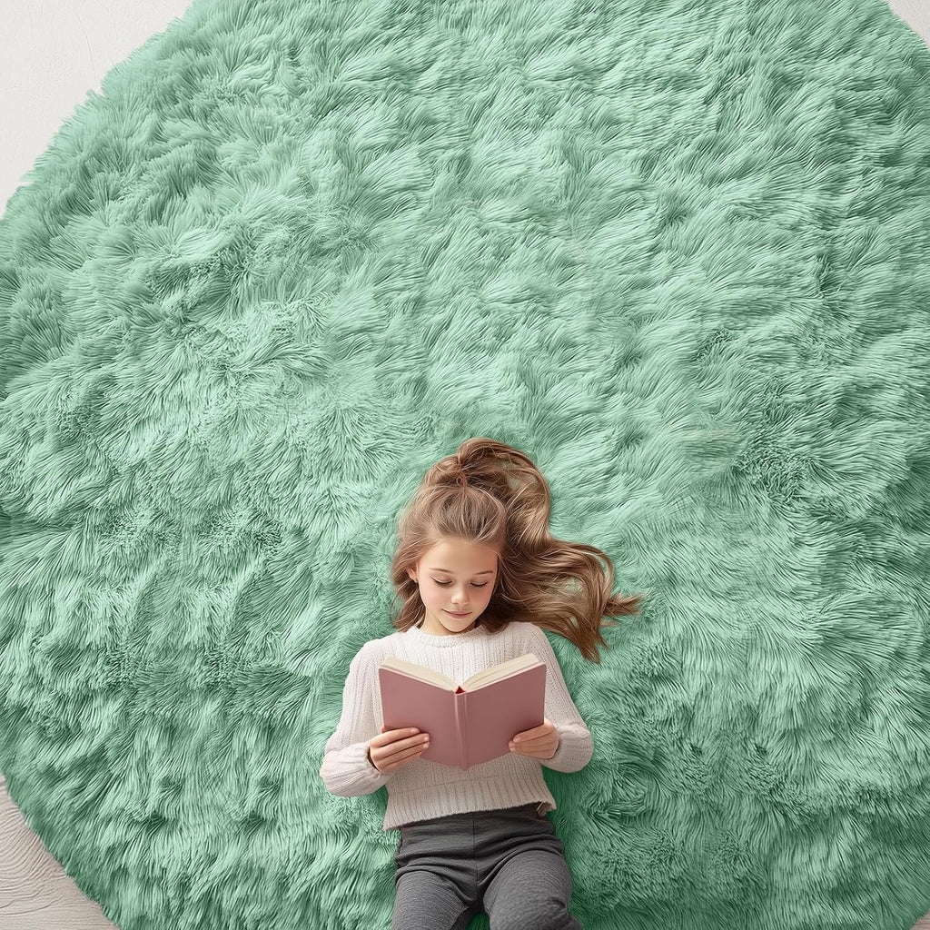 OLANLY Round Mint Green Area Rug - Soft, Fluffy, Machine Washable 9 ft Circle for Bedroom & Living Room Decor