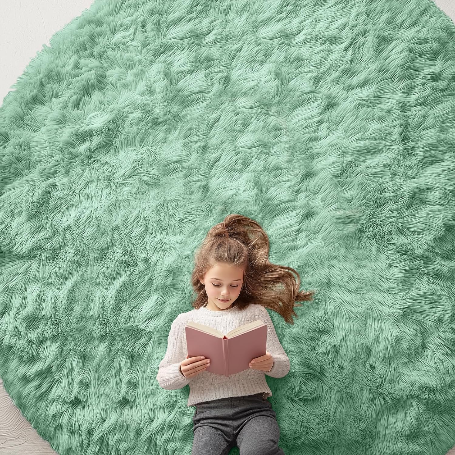 OLANLY Round Mint Green Area Rug - Soft, Fluffy, Machine Washable 9 ft Circle for Bedroom & Living Room Decor