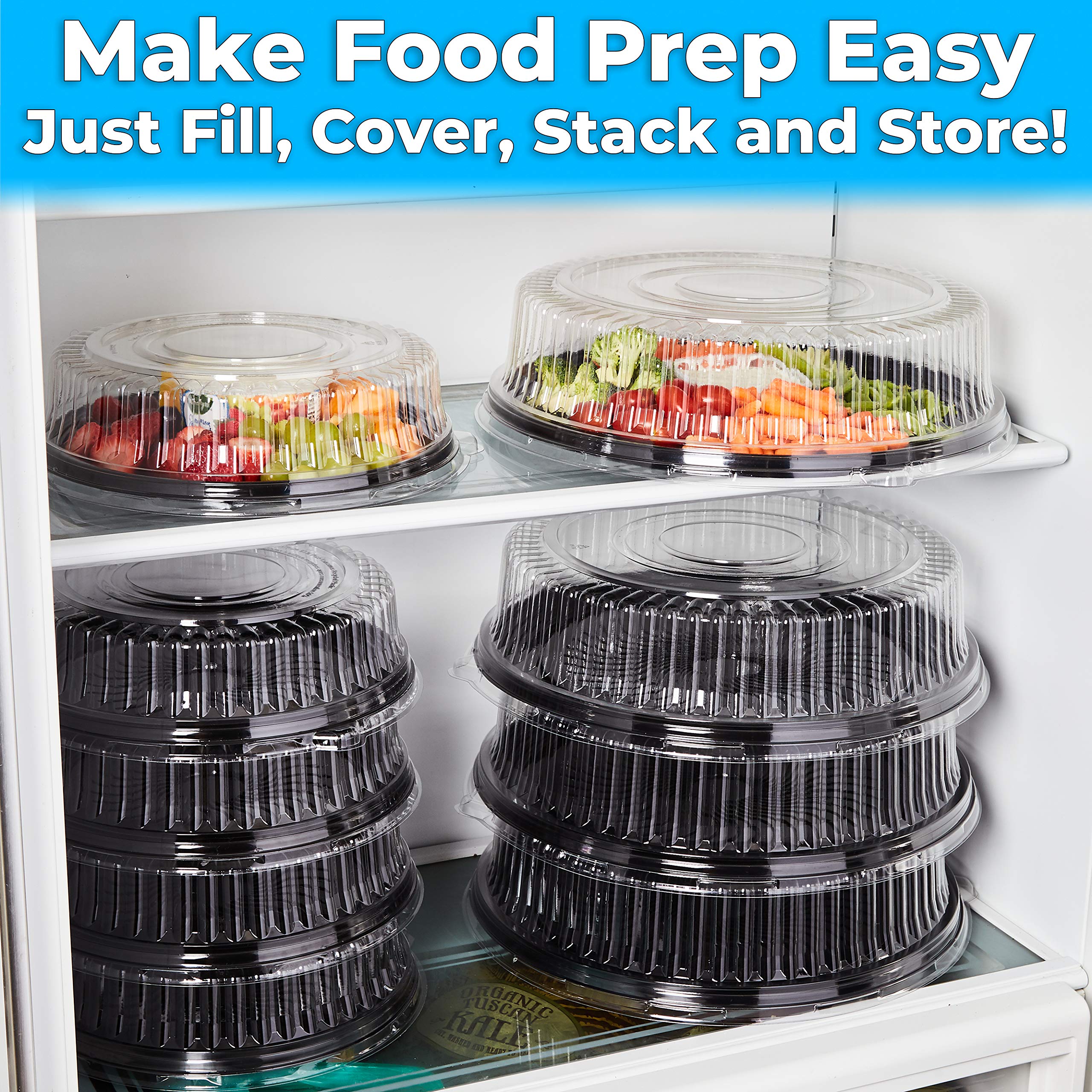 Avant Grub Heavy Duty, Recyclable 16 in. Serving Tray and Lid 10pk. Large, Black Plastic Party Platters with Clear Lids Dishware Plate, Elegant Round Banquet or Catering Trays for Serving