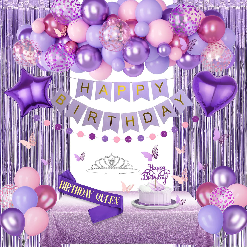 Amandir Purple Birthday Decorations for Women, Pastel Pink and Purple Balloons Foil Table Cloth Sash Crown Fringe Curtains Happy Birthday Banner Circle Garland Butterfly Cake Topper Party Supplies