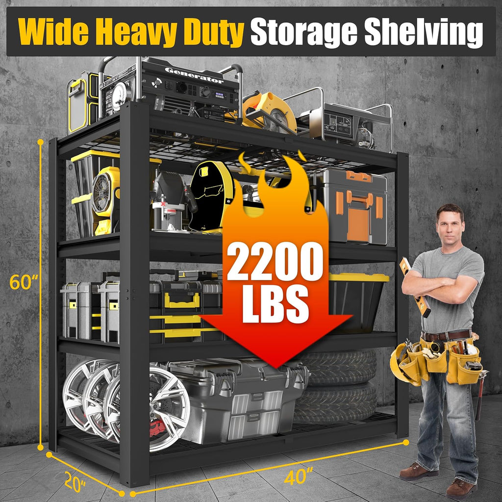 PrimeZone Heavy Duty Garage Shelving - 2200 LBS Capacity | Adjustable 4-Tier Metal Rack 40" W X 20" D X 60" H