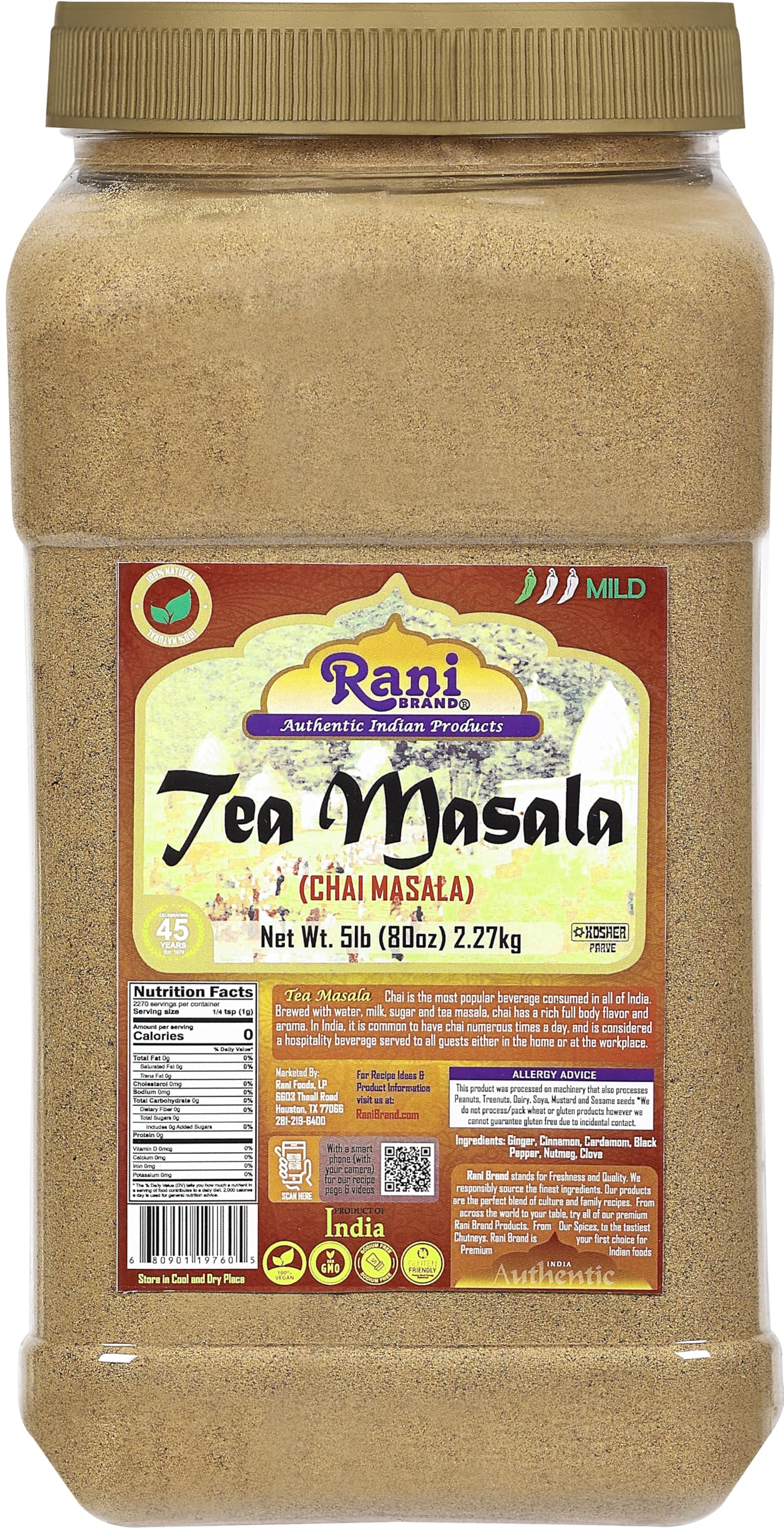 Rani Tea (Chai) Masala Indian Spice Blend 80oz (5lbs) 2.27kg Bulk PET Jar ~ All Natural | Vegan | Gluten Friendly | Salt & Sugar Free | NON-GMO | No Colors | Indian Origin