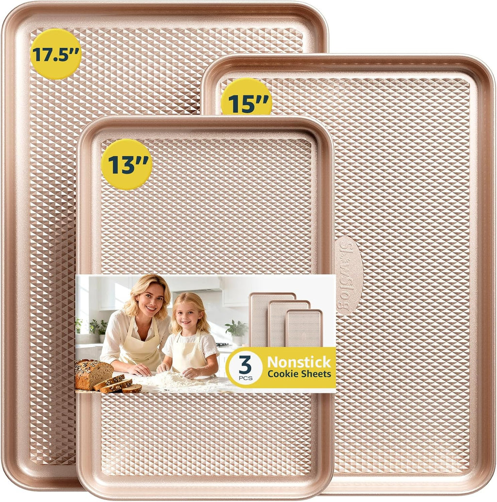 3Pcs Nonstick Baking Sheet Pan Set by [Brand Name] - Heavy Duty Carbon Steel Cookie Sheets | Gold Finish