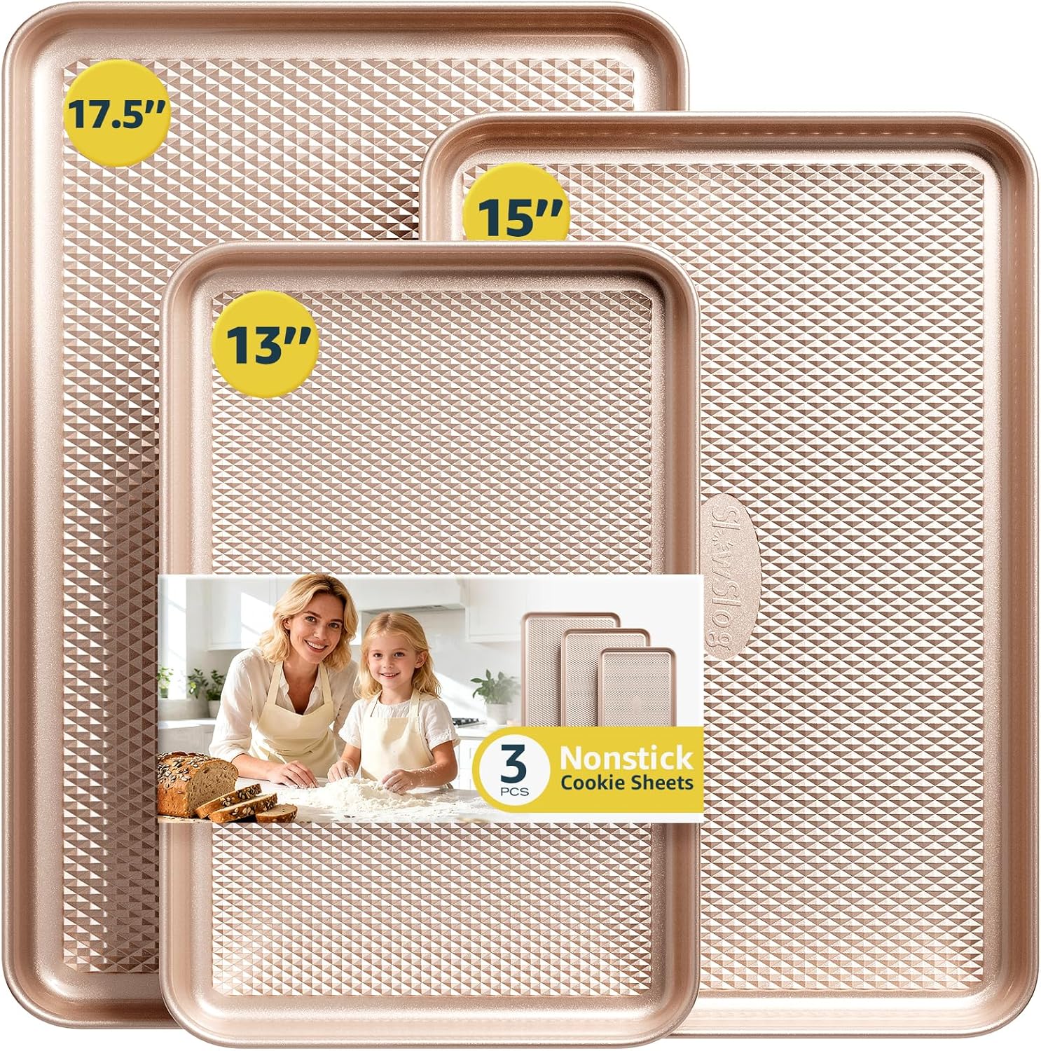3Pcs Nonstick Baking Sheet Pan Set by [Brand Name] - Heavy Duty Carbon Steel Cookie Sheets | Gold Finish
