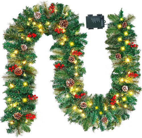 Juegoal 9FT Pre-Lit Christmas Garland - Artificial Greenery with Flowers, Berries & 50 Warm White LED Lights | Indoor/Outdoor Decor