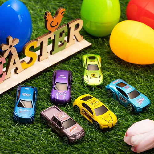 JOYIN 12 Pcs Die-Cast Car Filled Big Easter Eggs, Bright Colorful Prefilled Plastic Eggs with Different Die-cast Cars for Boys, Basket Stuffers and Kids Party Favors
