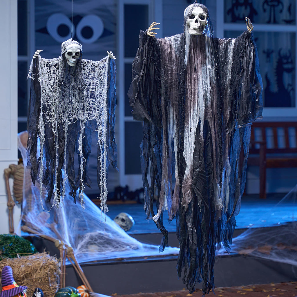 JOYIN 2 Pcs Halloween Hanging Grim Reaper Decorations Outdoor, Halloween Hanging Skeleton Ghosts Scary Decor for Yard Patio Outside Lawn Garden, Haunted House Prop, Party Supplies