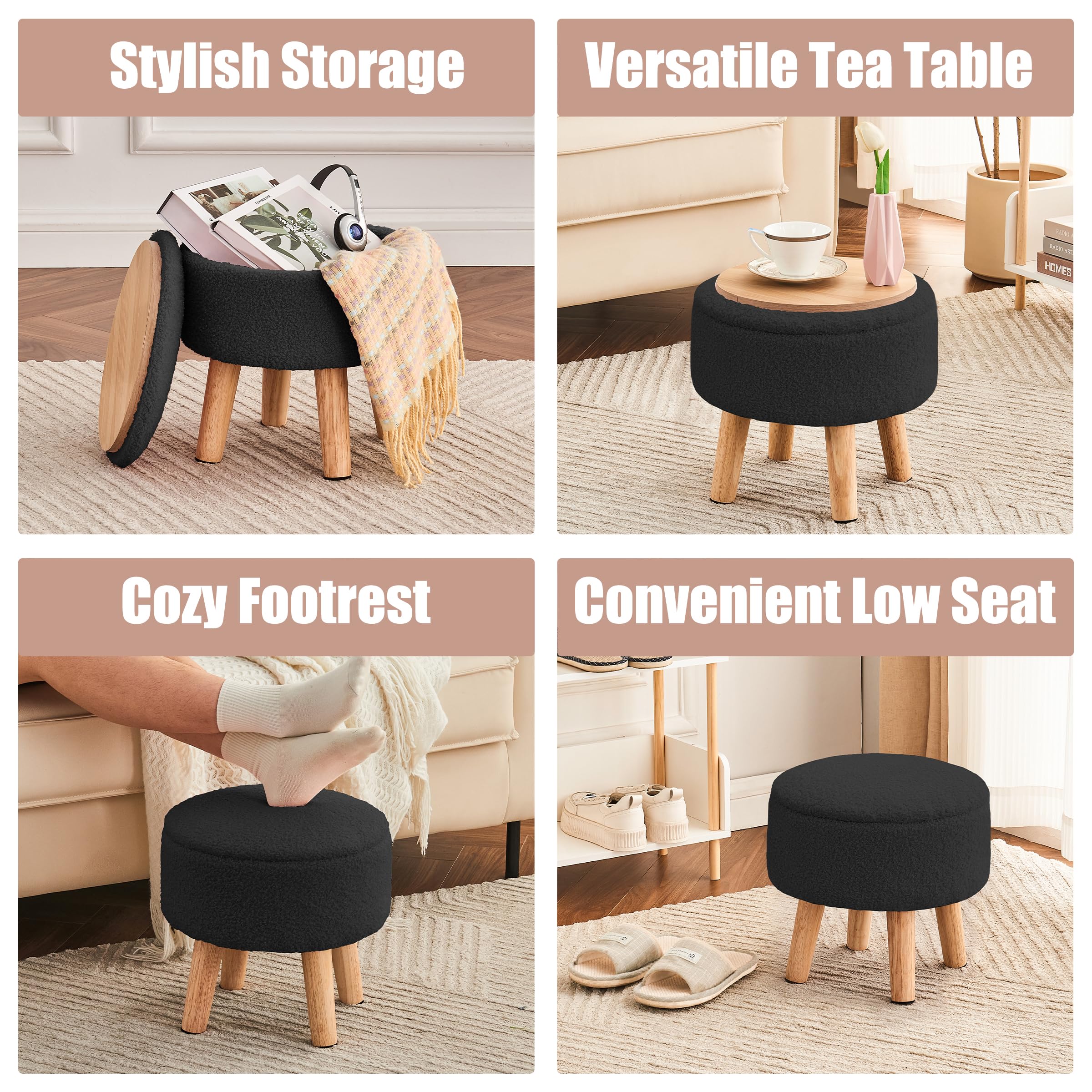 Poofzy Small Ottoman with Storage, Small Foot Stool Ottoman with Wood Legs, Sherpa Foot Rest for Couch, Living Room and Bedroom - White