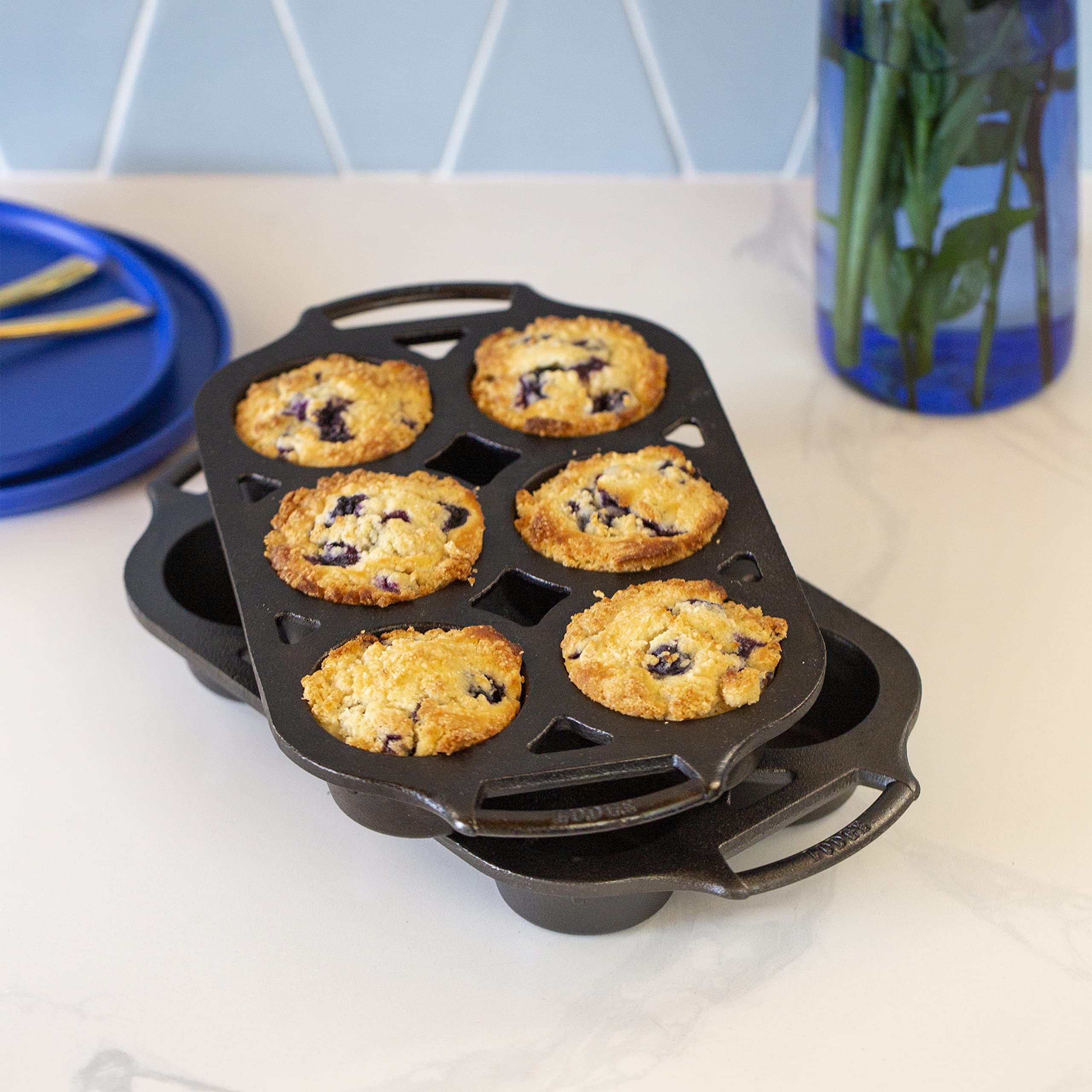 Lodge Seasoned Cast Iron Muffin Pan Set - Six-Well Bakeware Set for Muffins, Cupcakes, Cornbread & Homemade Favorites - Includes Looped Handles - 2-Pack