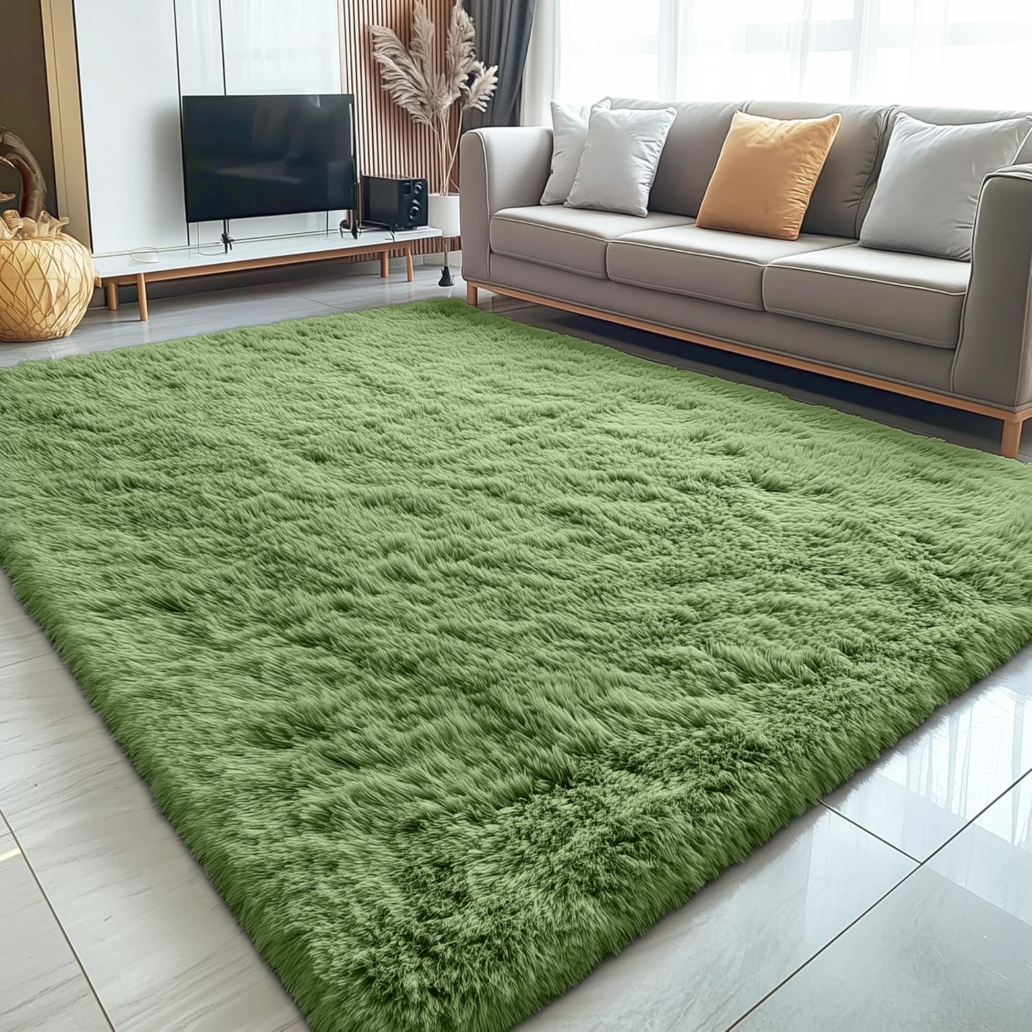 OLANLY Large 5x7 Machine Washable Area Rug - Soft Fluffy Shaggy Carpet for Living Room & Bedroom | Green