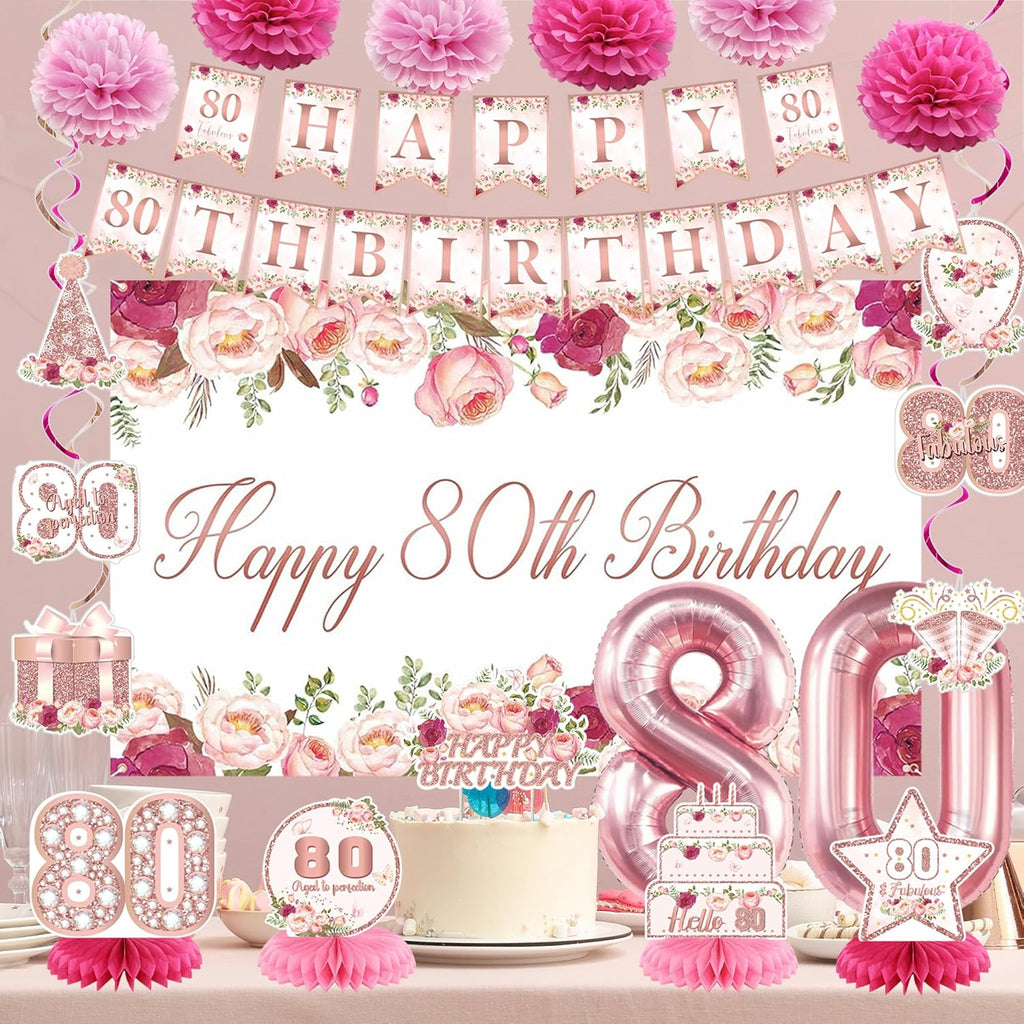 Vlipoeasn 80th Birthday Decorations - Rose Gold Backdrop Banner, Cake Topper & Honeycomb Swirls