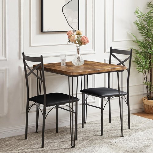 VECELO 3-Piece Dining Table Set for Home Kitchen Small Space Breakfast Nook, 2 Faux Leather Metal Frame Chairs,Brown,Set for 2