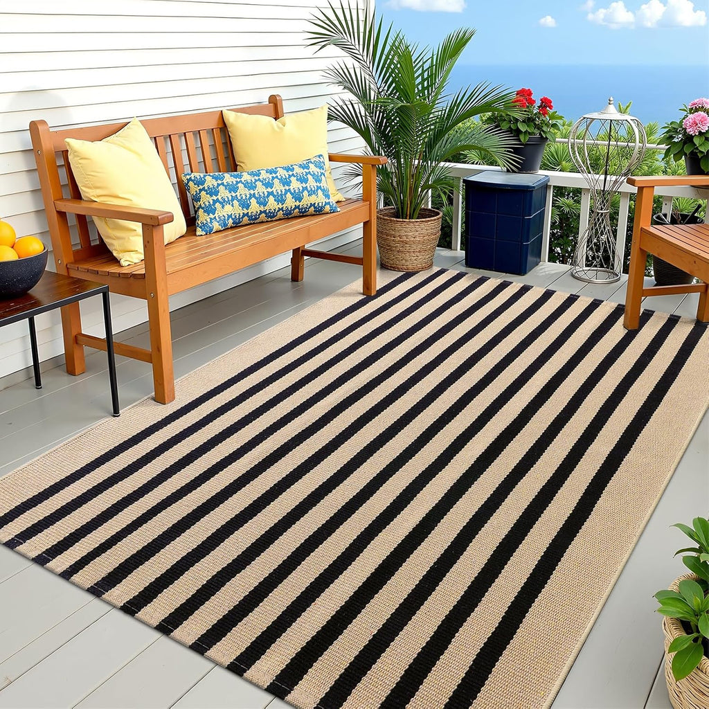 OLANLY Striped Rug - Washable Brown and Black Cotton Doormat 4' x 6' for Indoor/Outdoor Use