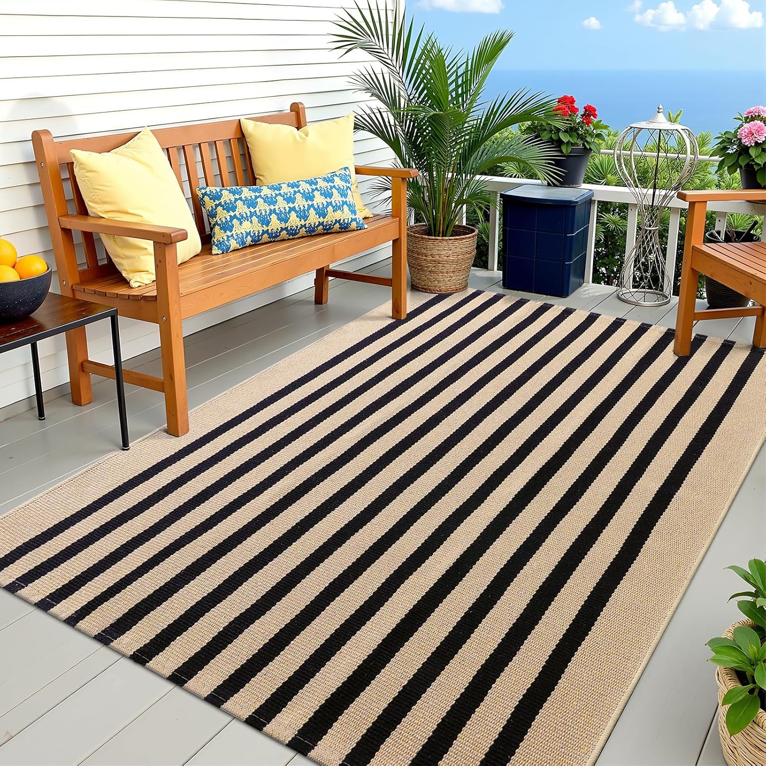 OLANLY Striped Rug - Washable Brown and Black Cotton Doormat 4' x 6' for Indoor/Outdoor Use
