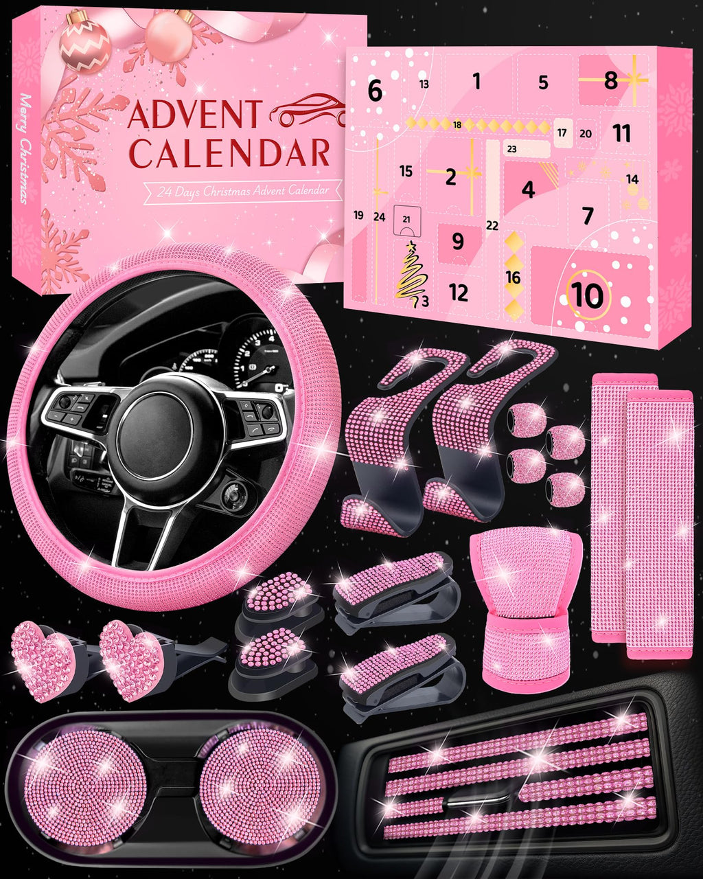 Pink Car Accessories Advent Calendar 2025 for Women - 24 Days of Pink Gift Set, Christmas Countdown Calendar with Sparkly Interior Décor, Luxury Holiday Gifts for Wife, Girlfriend, Mom, Coworker