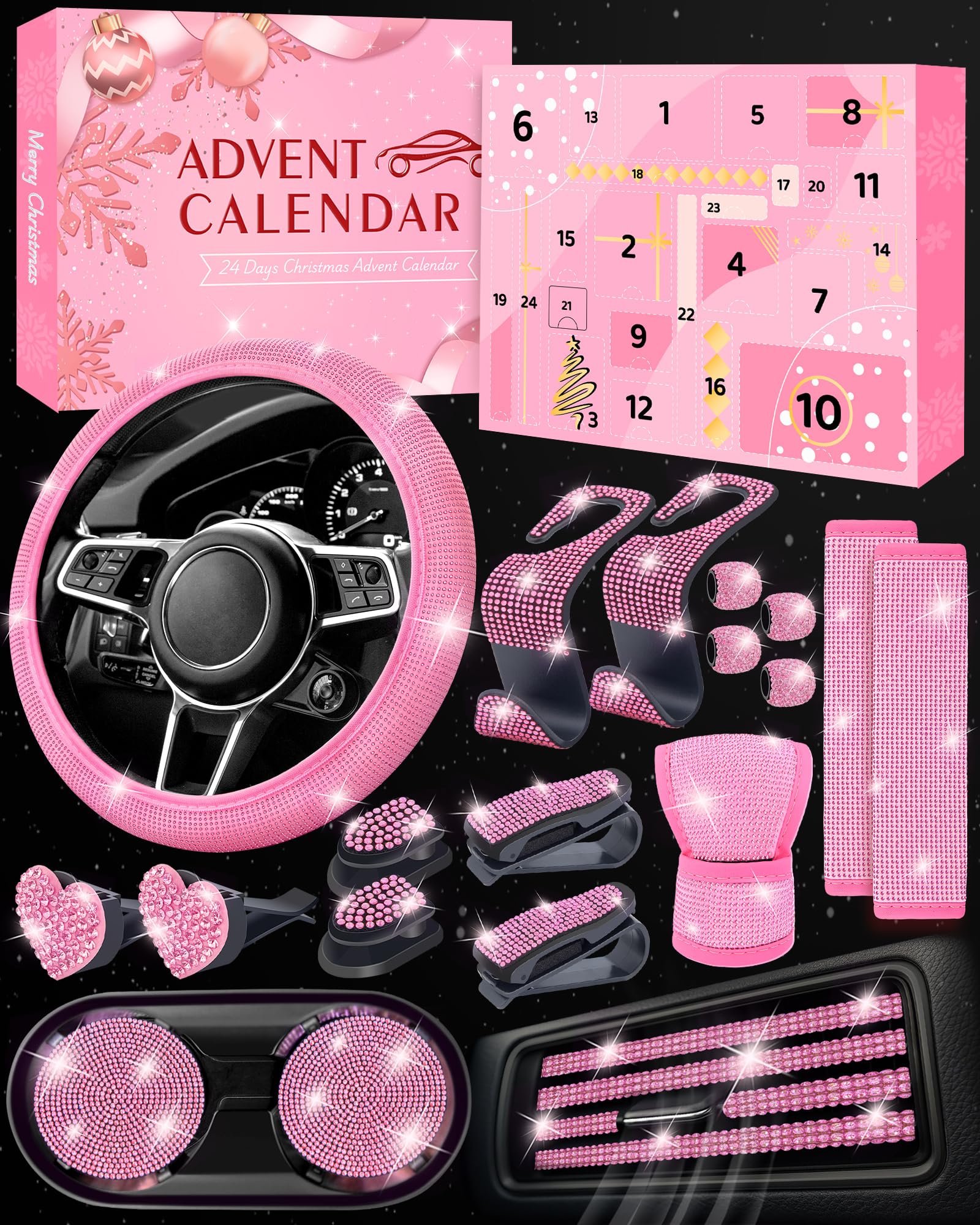 Pink Car Accessories Advent Calendar 2025 for Women - 24 Days of Pink Gift Set, Christmas Countdown Calendar with Sparkly Interior Décor, Luxury Holiday Gifts for Wife, Girlfriend, Mom, Coworker