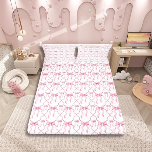 Erosebridal Pink Bow Bed Sheets for Kids Teen Women,Cute Ribbon Bowknot Full Bedding Sets for Girls Kawaii Watercolor Bow Tie Sheet Set,Pink White Princess Bow Bed Sheet Set 4 Piece