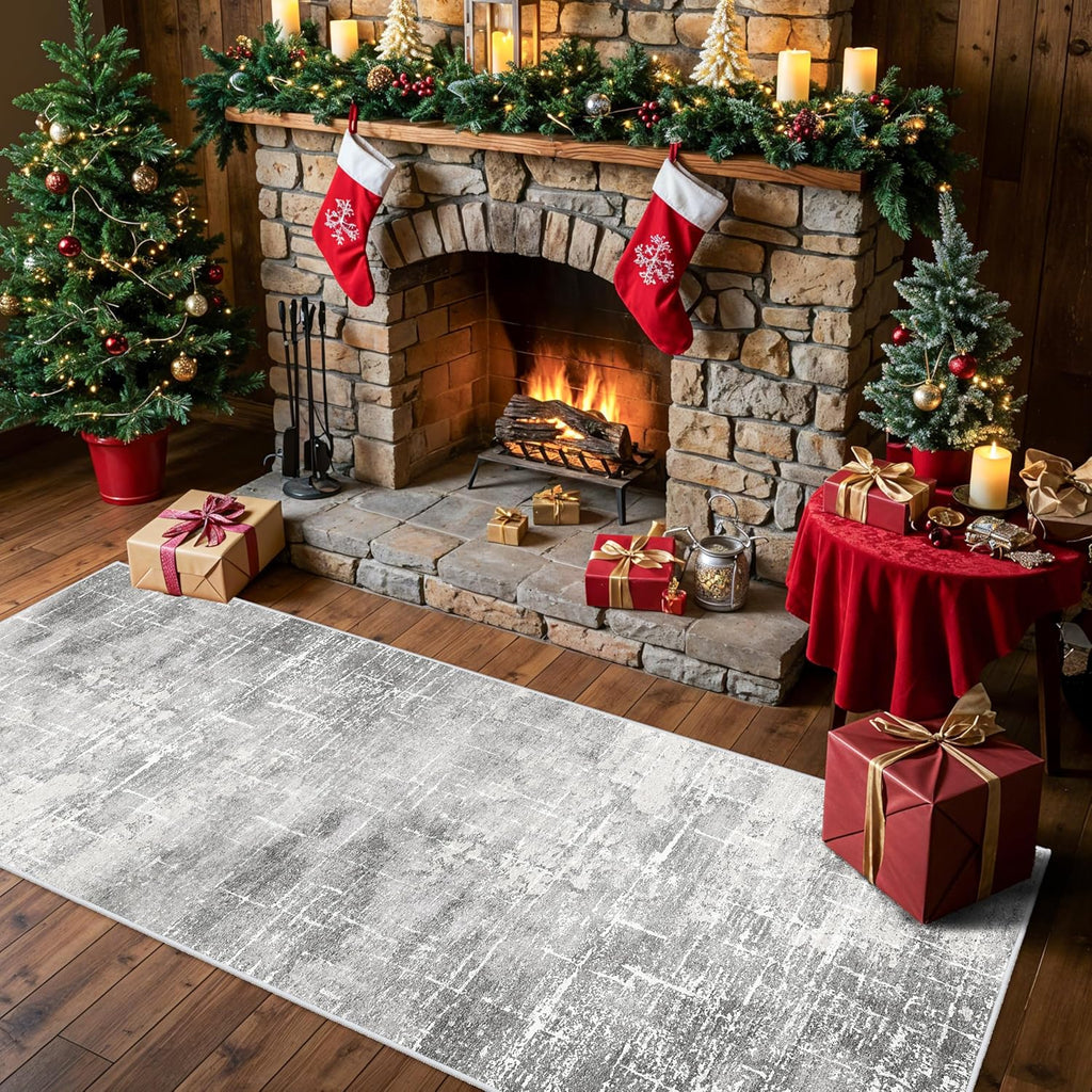 Skiennix Washable Abstract Kitchen Rug - Non-Slip Water-Resistant Runner for Dining & Entryway | 2x6 Light Grey